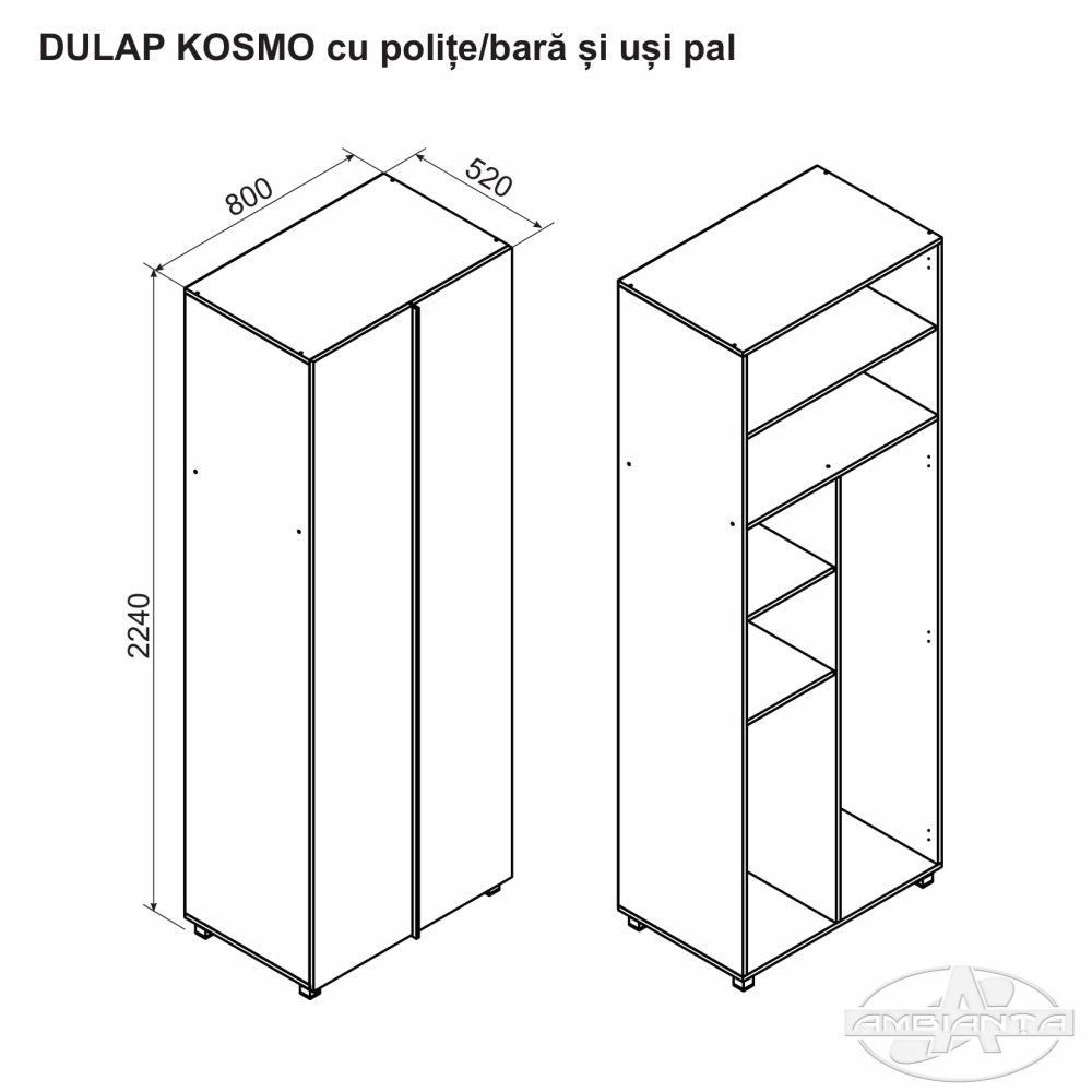 Dulap KOSMO cu polițe/bară și uși pal 0.8 m