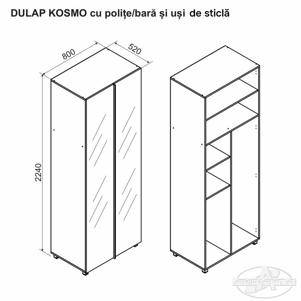 Dulap KOSMO cu polițe/bară și uși de sticlă 0.8 m