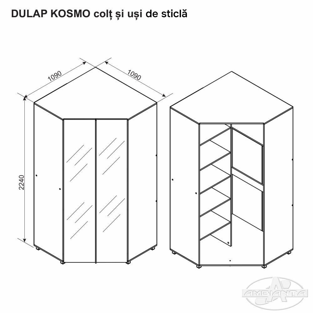 Corner Wardrobe KOSMO with glass doors 0.8 m — Artisan — Cream